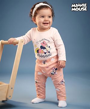 Babyhug Disney Interlock Knit Full Sleeves Onesie With Diaper Legging and Minnie Mouse Graphic - Pink