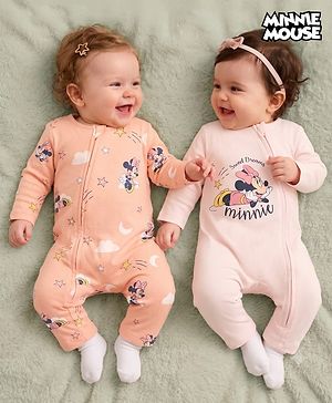 Babyhug Disney Interlock Knit Full Sleeve Rompers With Minnie Mouse Graphic Pack of 2 - Peach & Pink