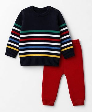 Babyhug Knit Full Sleeves Sweater Set with Striped Design - Navy Blue