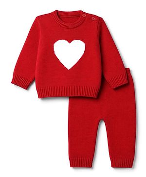 Babyhug Knit Full Sleeves Baby Sweater Set with Heart Design - Red