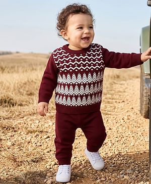 Babyhug Knit Full Sleeves Sweater Set with Abstract Design - Dark Red