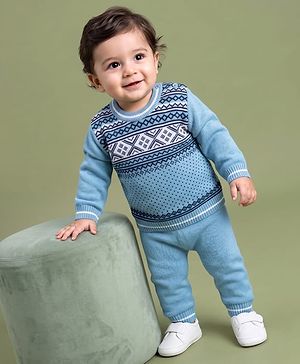Babyhug Knit Full Sleeves Argyle Design Sweater Set - Light Blue