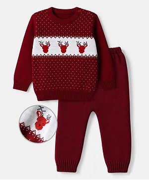 Babyhug Knit Full Sleeves Sweater Set with Heart & Christmas Theme Design - Red