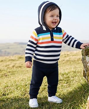 Babyhug Knit Full Sleeves Striped Hooded Sweater Set - Navy Blue