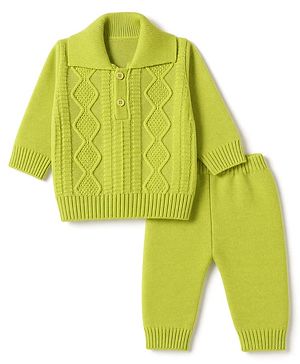 Babyhug Knit Full Sleeves Sweater Set With Cable Knit Design - Lime Green