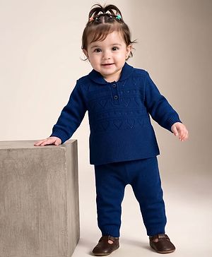 Babyhug Knit Full Sleeves Solid Colour Polo Neck Sweater Set - Navy Blue