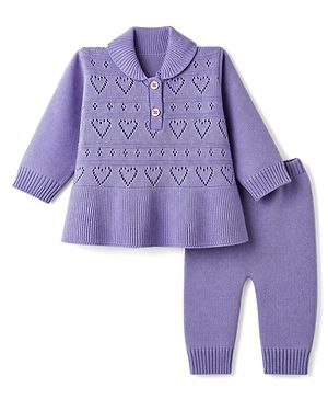 Babyhug Knit Full Sleeves Cable Knit Design Sweater Set - Lavender