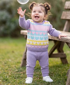 Babyhug Knit Full Sleeves  Sweater Set With Heart Design - Lavender