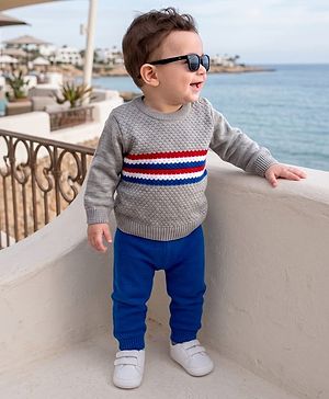Babyhug Knit Full Sleeves Striped Sweater Set - Grey