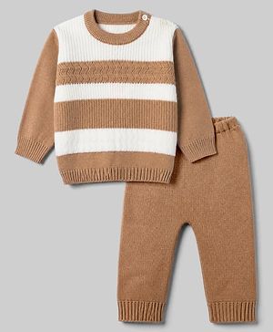 Babyhug Knit Pullover and Pant Sweater Set with Full Sleeves and Striped Pattern - Brown