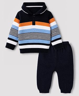 Babyhug Knit Full Sleeves Sweater Set With Full Length and Striped Design in Navy Blue