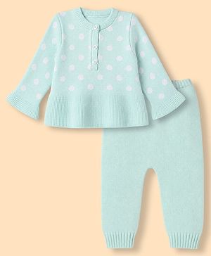 Babyhug Knit Full Sleeves Sweater Set with Polka Dots Design - Sea Green