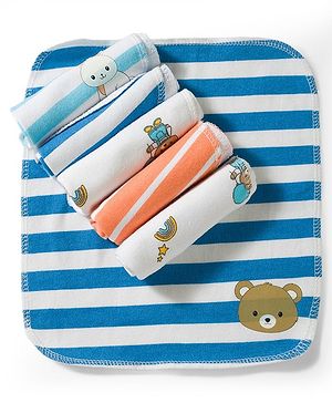 Babyhug 100% Cotton Knit Striped Hand & Face Towels With Animal Print Pack of 6 - Peach, Blue & White