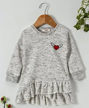 Fox Baby Full Sleeves Frock Heart Embroidered - Light Grey