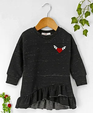 Fox Baby Full Sleeves Frock Heart Embroidered - Black