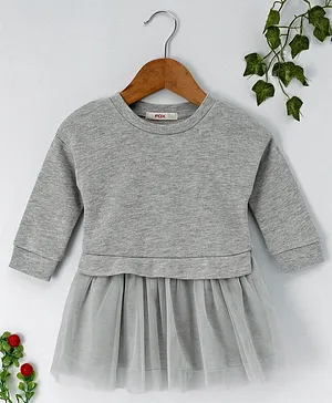 Fox Baby Full Sleeves Solid Color Winter Wear Frock - Melange Grey