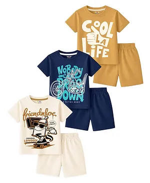 KUCHIPOO Cotton Blend Knit Pack Of 3 Half Sleeves Vehicle Typography & Cartoon Printed Tee & Shorts Sets - Mustard Navy Blue & Off White