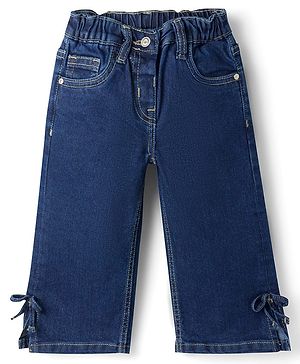Bonfino Woven Full Length Washed Jeans With Bow Applique - Navy Blue