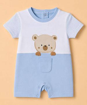 Babyhug 100% Cotton Interlock Knit Half Sleeves Romper With Teddy Bear Print - White