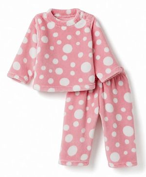 Babyhug Knit Full Sleeves Co-Ords T-Shirt & Pyjama Winter Nightsuit with Polka Dots Design - Pink