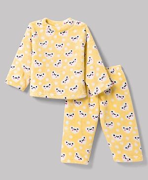 Babyhug Cotton Knit Full Sleeves Co-Ords T-Shirt & Pyjama Winter Night Suit with Heart Design - Yellow
