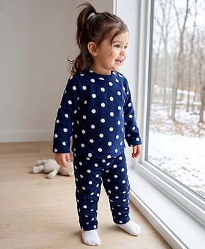 Babyhug Cotton Knit Full Sleeves Co-Ords T-Shirt & Pyjama Winter Wear Night Suit with Polka Dots Print - Navy Blue