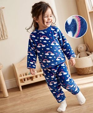 Babyhug Cotton Knit Full Sleeves Co-Ords T-Shirt & Pyjama Winter Wear Night Suit with Rainbow & Star Print - Navy Blue
