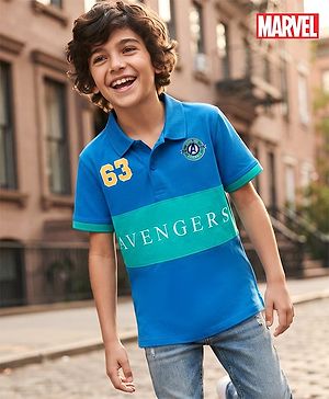 Pine Kids Marvel Cotton Knit Half Sleeves Pique Polo T-Shirt with Avengers Print - B;ue