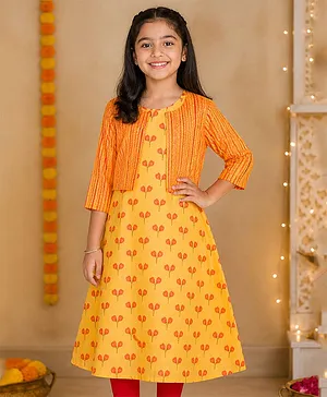Kiddopanti Cotton Woven Sleeveless
                              Floral Printed Kurti & Shrug -
                              Mustard