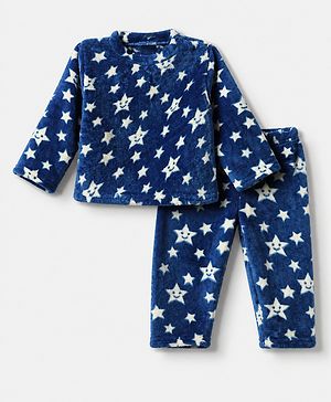 Babyhug Cotton Knit Full Sleeves Co-Ords T-Shirt & Pyjama Winter Wear Night Suit with Rainbow & Star Print - Blue
