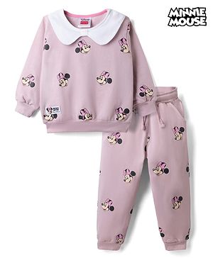 Babyhug Disney 100% Cotton Terry Knit Full Sleeves Peter-Pan Collar T-Shirt and Jogger with Minnie Mouse Print & Patch - Pink