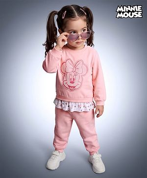 Babyhug Disney 100% Cotton Terry Knit Full Sleeves T-Shirt and JOggers Set with Minnie Mouse Print in Pink