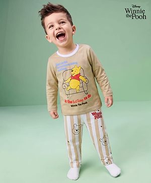 Babyhug Disney Single Jersey Knit Full Sleeves T-Shirt & Pyjama Night Suit Set With Winnie The Pooh Graphic & Text Print - Beige