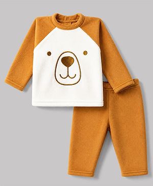 Babyhug Cotton Knit Full Sleeves T-Shirt & Pyjama Winter Wear Night Suit with Bear Embroidery - Orange