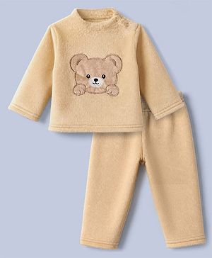 Babyhug Velour Full Sleeves T-Shirt & Pajama Set Nightwear with Bear Patch - Brown