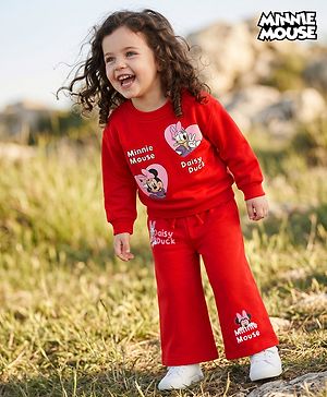 Babyhug Disney 100% Cotton Terry Knit Full Sleeves T-Shirt and Pant Set with Minnie Mouse and Daisy Duck Graphic - Red