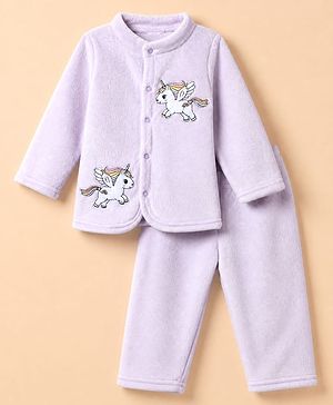 Babyhug Cotton Mixes Knit Full Sleeves Front Open Winter Night Suit with Unicorn Patch - Lilac