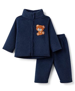Babyhug Cotton Mixes Velour Knit Full Sleeves Front Open T-Shirt & Pajama Winter Night Suit with Teddy Bear Patch - Navy Blue