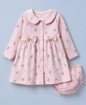Babyhug Cotton Interlock Knit Front Open Full Sleeves Frock and Bloomer with Floral Print and Bow Applique - Pink