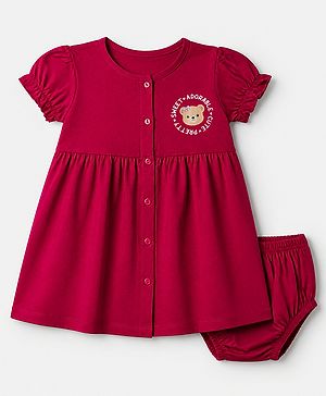 Babyhug Cotton Single Jersey Knit Frock and Bloomer with Half Sleeves and Bear Print in Red