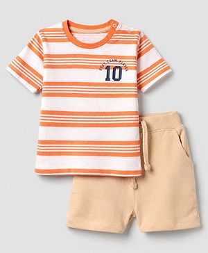Babyhug 100% Cotton Knit Half Sleeves T-Shirt and Shorts with Stripes and Team Player Print - Orange