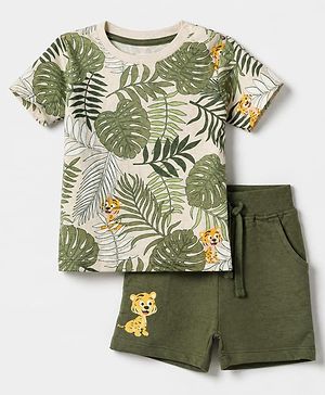 Babyhug 100% Cotton Single Jersey Knit Half Sleeves T-Shirt and Short with Jungle Safari Tiger Print - Olive Green