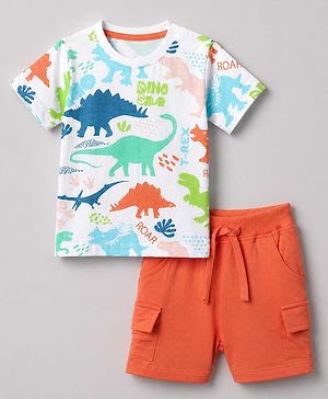 Babyhug 100% Cotton Knit Half Sleeves Dino Printed T-Shirt & Shorts Set - Orange