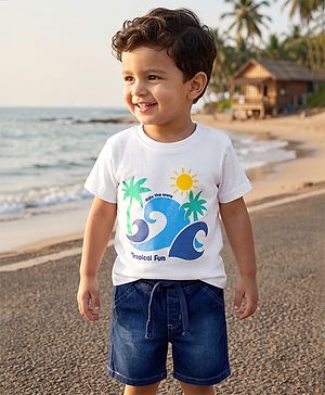 Babyhug Single Jersey Knit Denim Half Sleeves T-Shirts & Shorts Set with Beach Scene Print - White