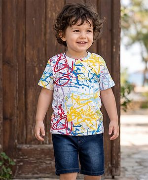 Babyhug Single Jersey Knit Half Sleeves T-Shirt and Shorts with Splatter Print - White