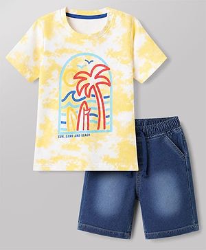 Babyhug Single Jersey Knit Half Sleeves T-Shirt & Denim Shorts Set With Beach Scene Print - Yellow