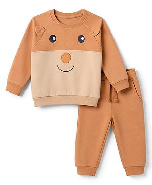 Babyhug Terry Knit Full Sleeves T-Shirt & Joggers Set With Applique - Brown