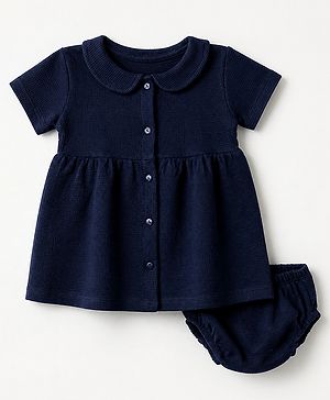 Babyhug Cotton Waffle Knit Frock and Bloomer with Half Sleeves in Navy Blue for New born