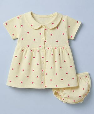 Babyhug Waffle Knit Frock and Bloomer with Half Sleeves and Hearts Print in Yellow for New born