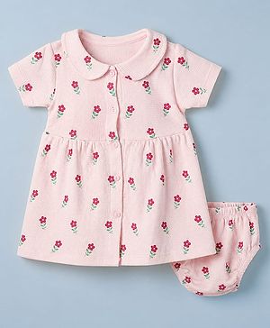 Babyhug Knit Waffle Frock and Bloomer with Half Sleeves and Floral Print in Pink